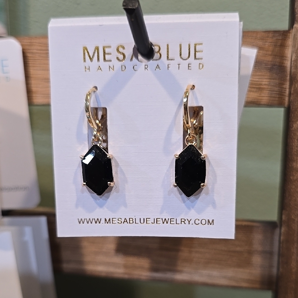 Black and Gold Drop Earrings with Faceted Gemstones